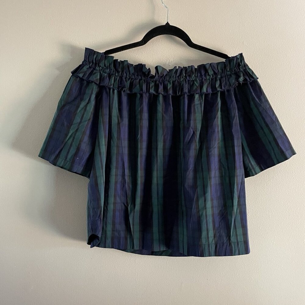 Vineyard Vines Women L Deep Bay Blackwatch Plaid Off The Shoulder Poplin Top NWT - Picture 8 of 9